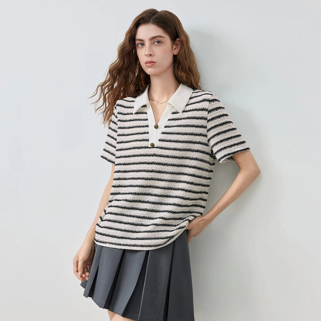 TOYOUTH Women Preppy Polo T-Shirt Summer 2026 New Arrival Contrast Color Tweed Texture Striped Short Sleeve Old Money Aesthetic