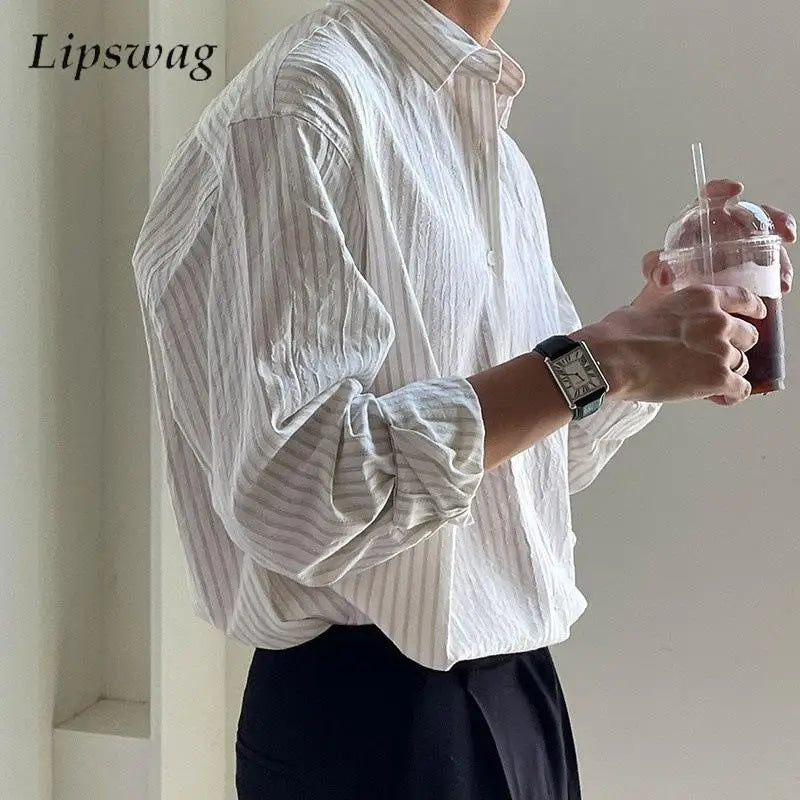 Old Money Style Men's Shirt 2025 Autumn Stylish Striped Printed Shirts Long Sleeve Button-up Turn-down Collar Mens Casual Shirt