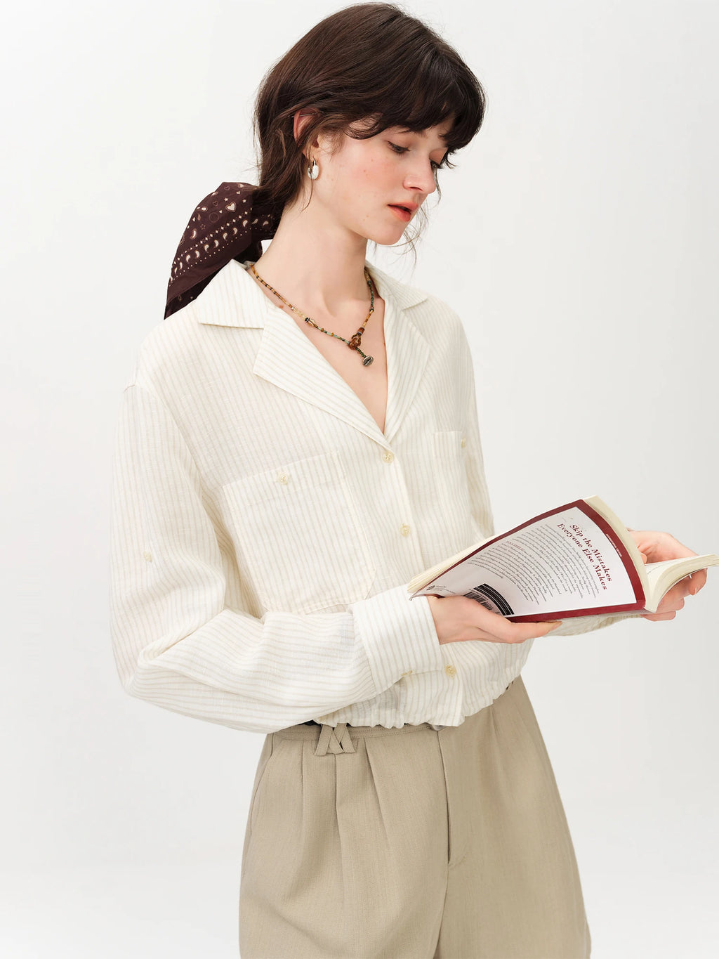 FSLE Old Money Style Linen Striped Shirt Women's Summer 2026 Short Fit Turn-down Collar Cropped Shirt Drawstring Leisure Chic