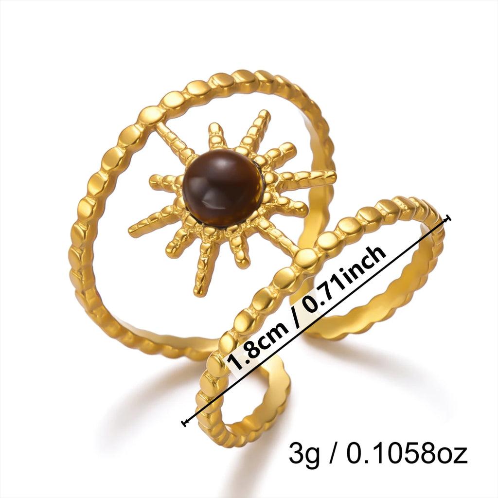 French Vintage Gold Aesthetic Ring for Women Waterproof Stainless Steel Old Money Antique Sunburst Stacking Jewelry
