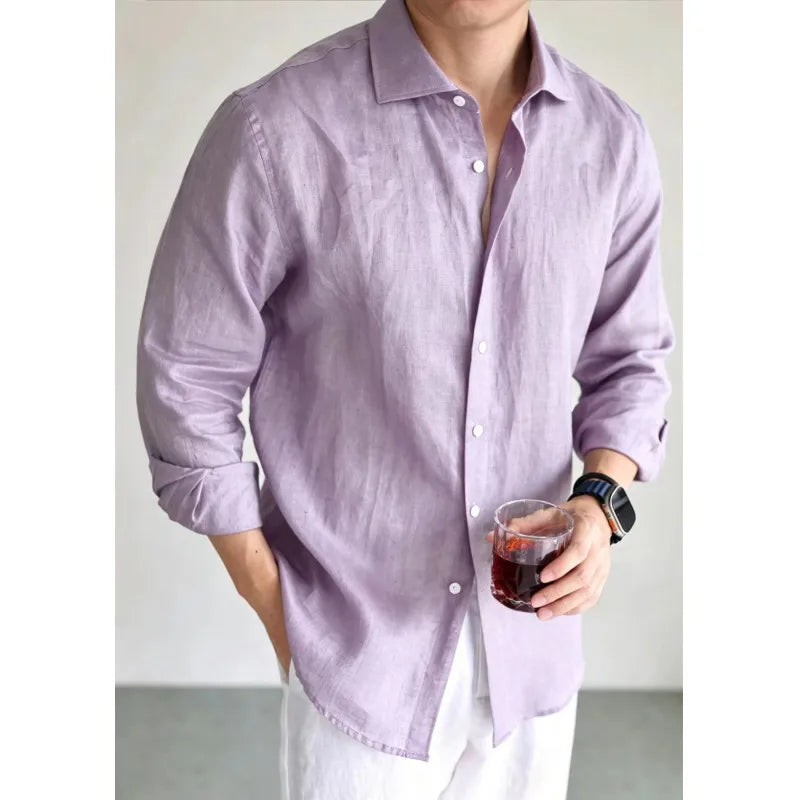 Men's Linen Shirt Cotton Blend Long Sleeve Button Down Casual Loose Fit Summer Breathable Tops Old Money Aesthetic Solid Color
