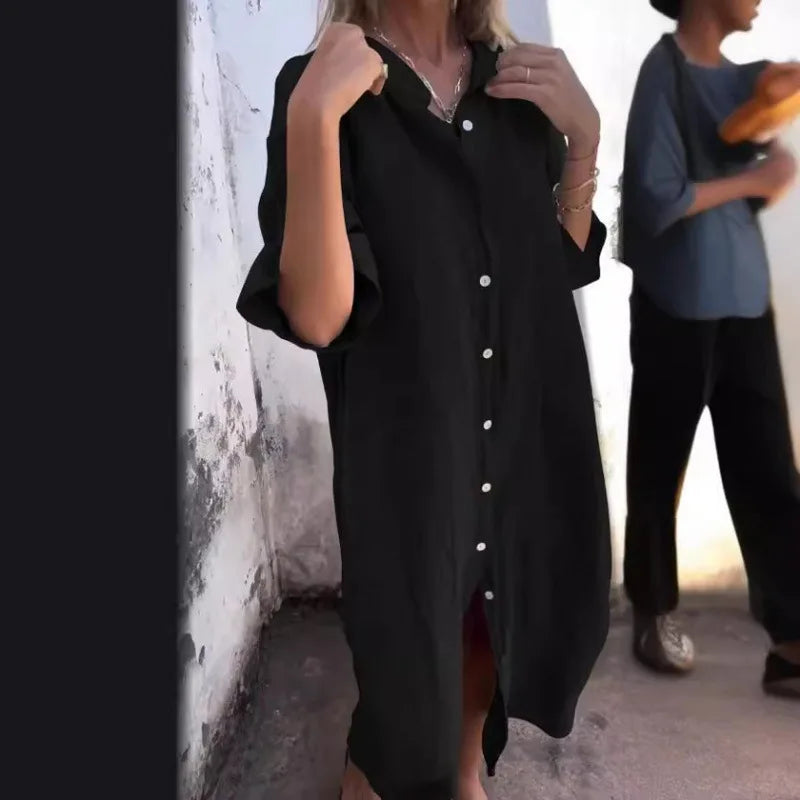 2026 Women's Old Money Shirt Dress Loose Button Pocket Half Sleeve Solid Color Casual Long Cotton and Linen Shirt Dresses