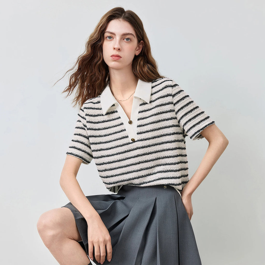 TOYOUTH Women Preppy Polo T-Shirt Summer 2026 New Arrival Contrast Color Tweed Texture Striped Short Sleeve Old Money Aesthetic