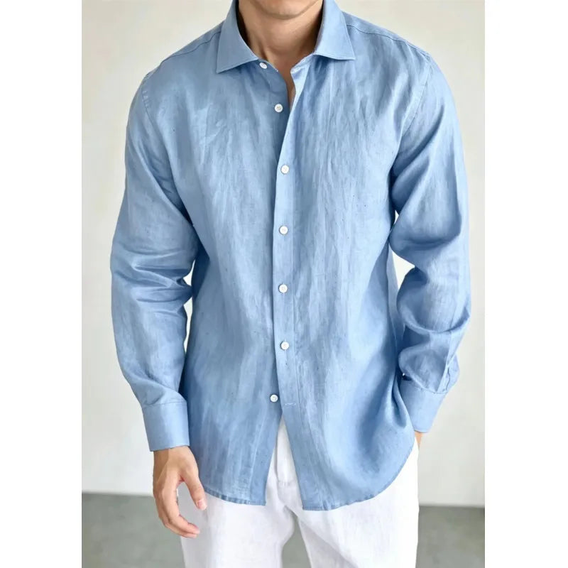 Men's Linen Shirt Cotton Blend Long Sleeve Button Down Casual Loose Fit Summer Breathable Tops Old Money Aesthetic Solid Color