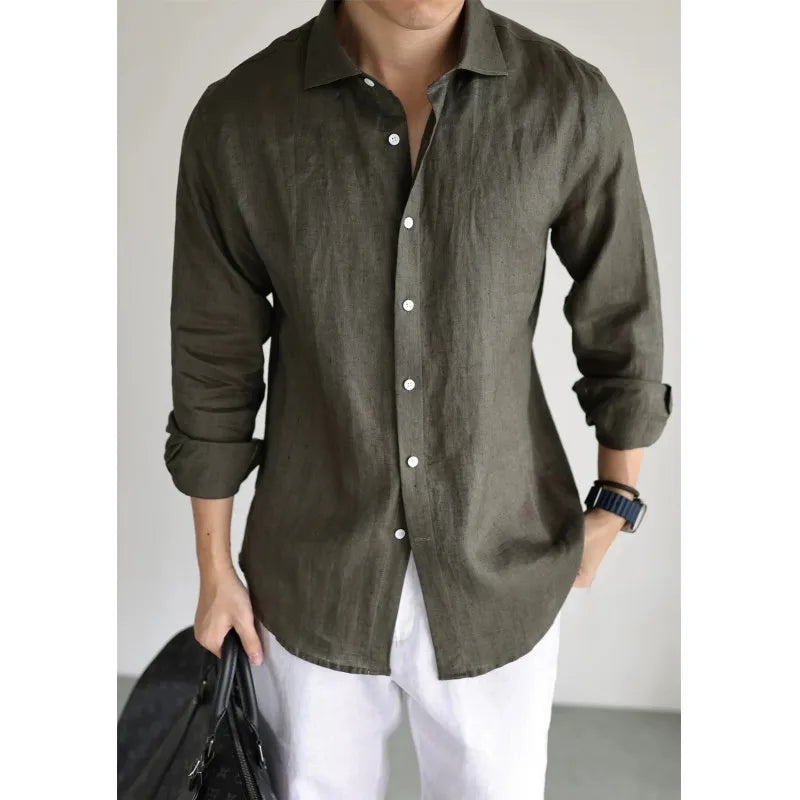 Men's Linen Shirt Cotton Blend Long Sleeve Button Down Casual Loose Fit Summer Breathable Tops Old Money Aesthetic Solid Color
