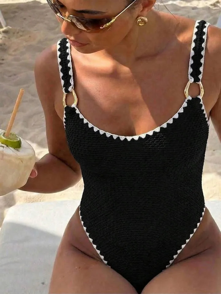 Women Swimwear Swimsuit Sleeveless Solid Color High Waist V Neckline Back Cutout Brown Black White Bathing Suit