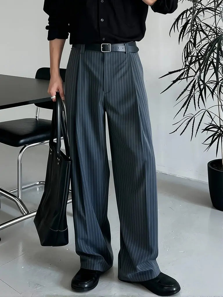 Minimalist Gray Striped Wide Leg Trousers Men Vintage Ice Silk Suit Pants Work Wear Old Money Straight Casual Loose Trousers