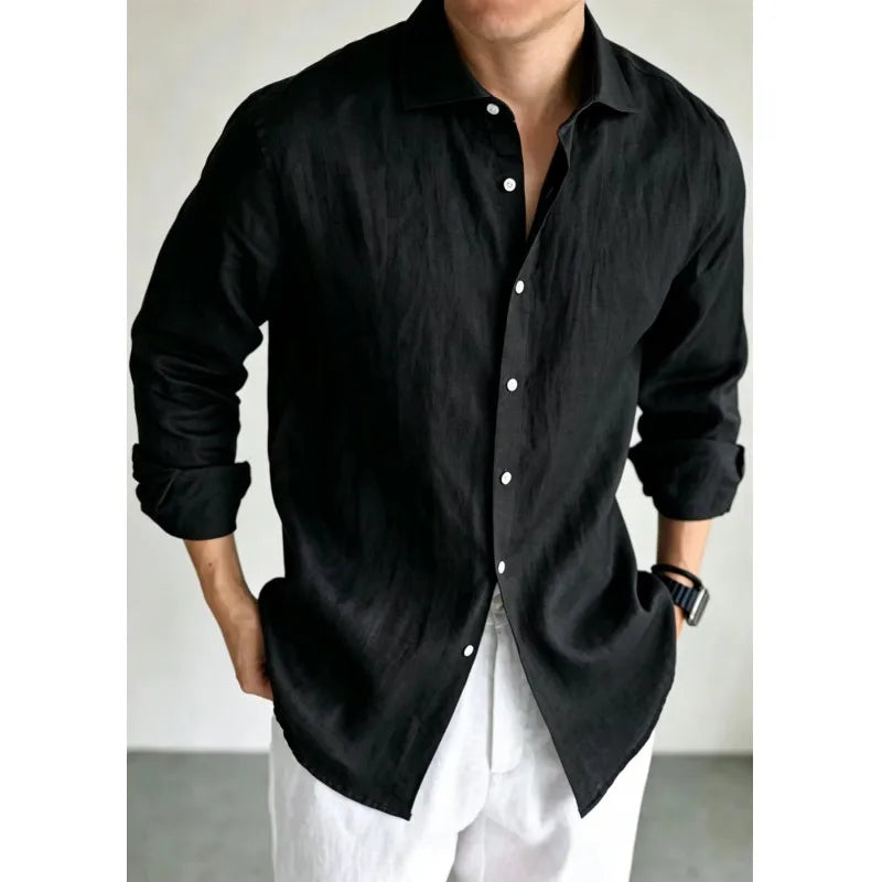 Men's Linen Shirt Cotton Blend Long Sleeve Button Down Casual Loose Fit Summer Breathable Tops Old Money Aesthetic Solid Color