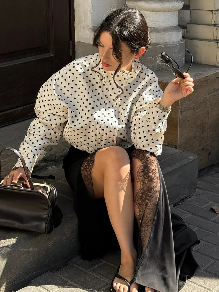 HH Fashion Women's Polka Dot Print Short Coats Autumn Long Sleeves Turtleneck Zipper With Pockets Drawstring Casual Jacket