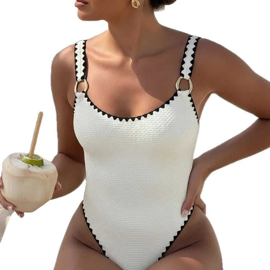 Women Swimwear Swimsuit Sleeveless Solid Color High Waist V Neckline Back Cutout Brown Black White Bathing Suit