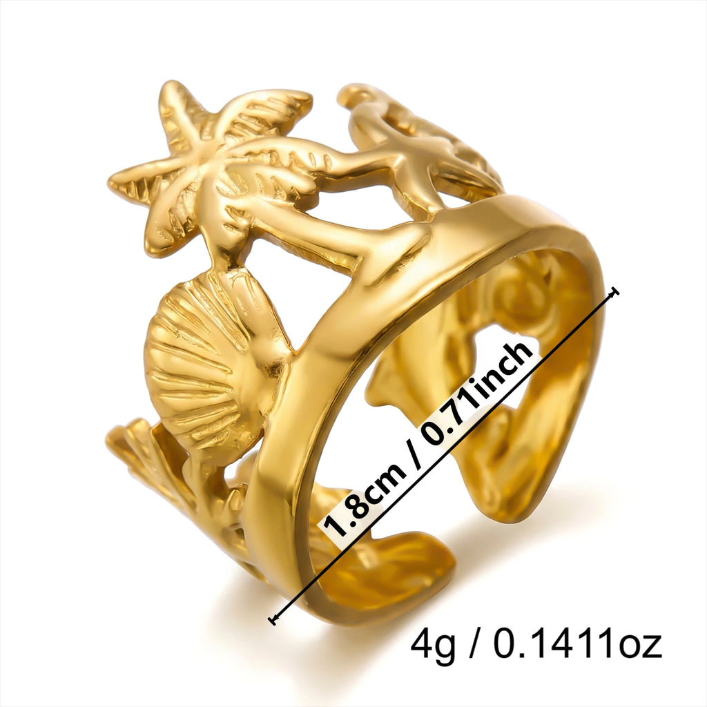French Vintage Gold Aesthetic Ring for Women Waterproof Stainless Steel Old Money Antique Sunburst Stacking Jewelry
