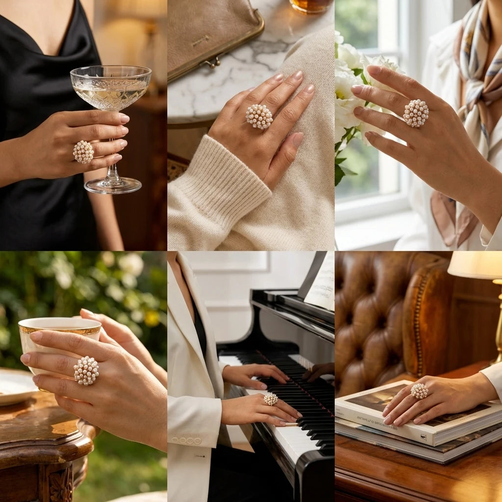 Old Money Pearl Floral Cluster Cocktail Ring for Women Brass Chunky Hollow Out Elegant Evening Party Jewelry Statement Pieces