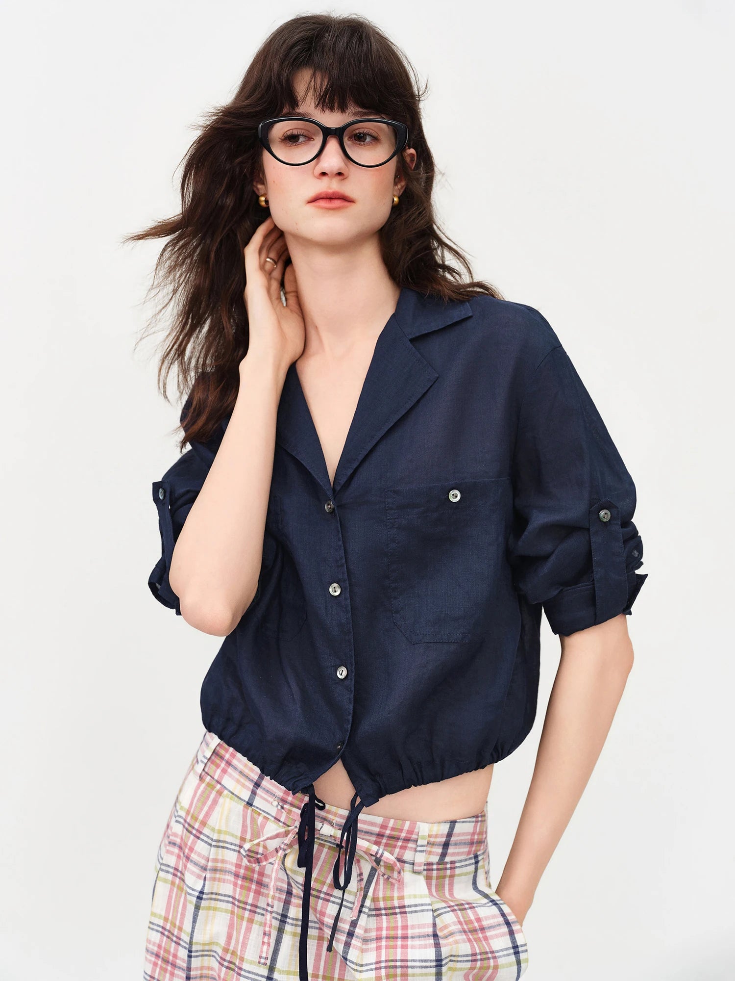 FSLE Old Money Style Linen Striped Shirt Women's Summer 2026 Short Fit Turn-down Collar Cropped Shirt Drawstring Leisure Chic