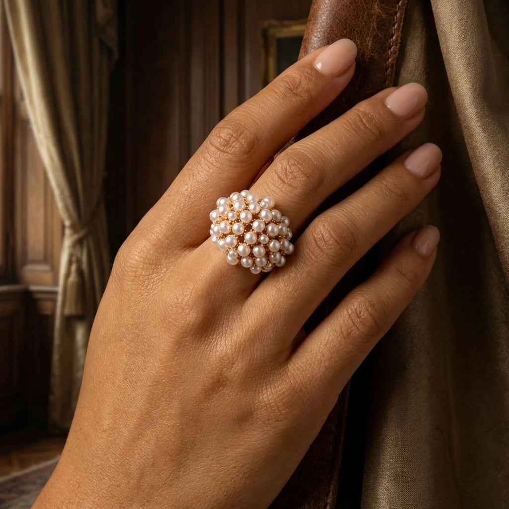 Old Money Pearl Floral Cluster Cocktail Ring for Women Brass Chunky Hollow Out Elegant Evening Party Jewelry Statement Pieces