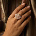 Old Money Pearl Floral Cluster Cocktail Ring for Women Brass Chunky Hollow Out Elegant Evening Party Jewelry Statement Pieces